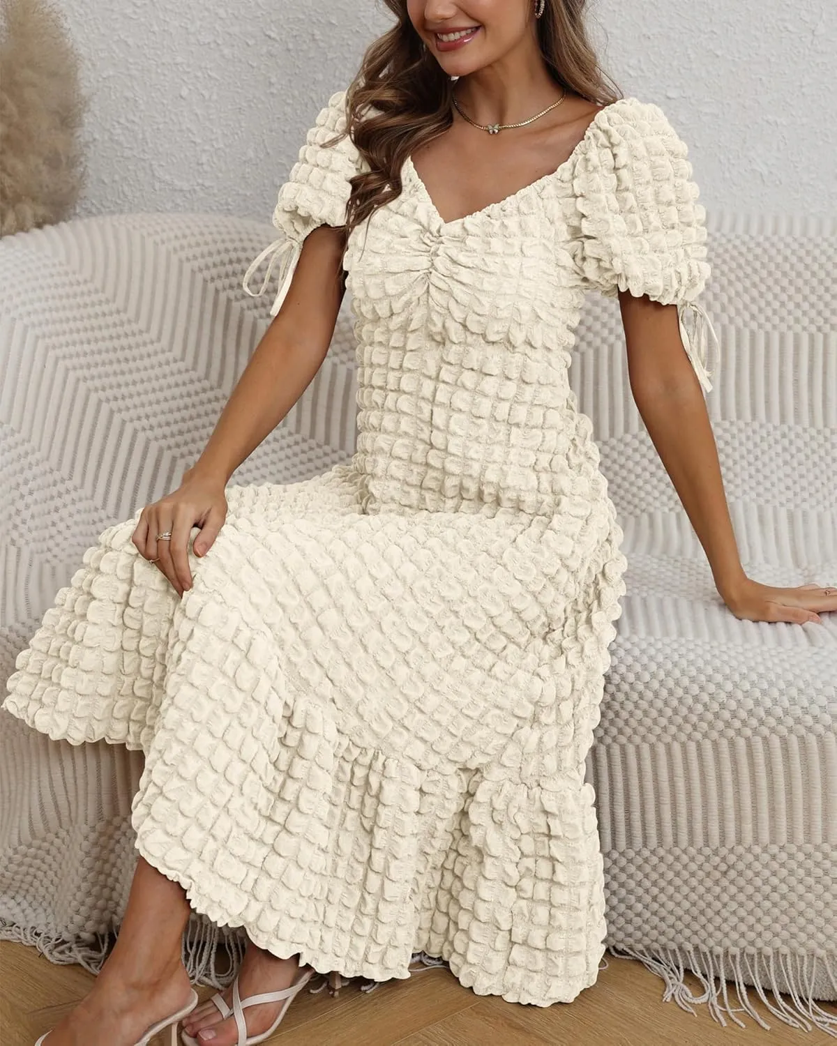 Locachy Womens Casual Summer Dresses 2024 Boho Short Sleeve V Neck Sundresses Backless Long Textured Maxi Dress