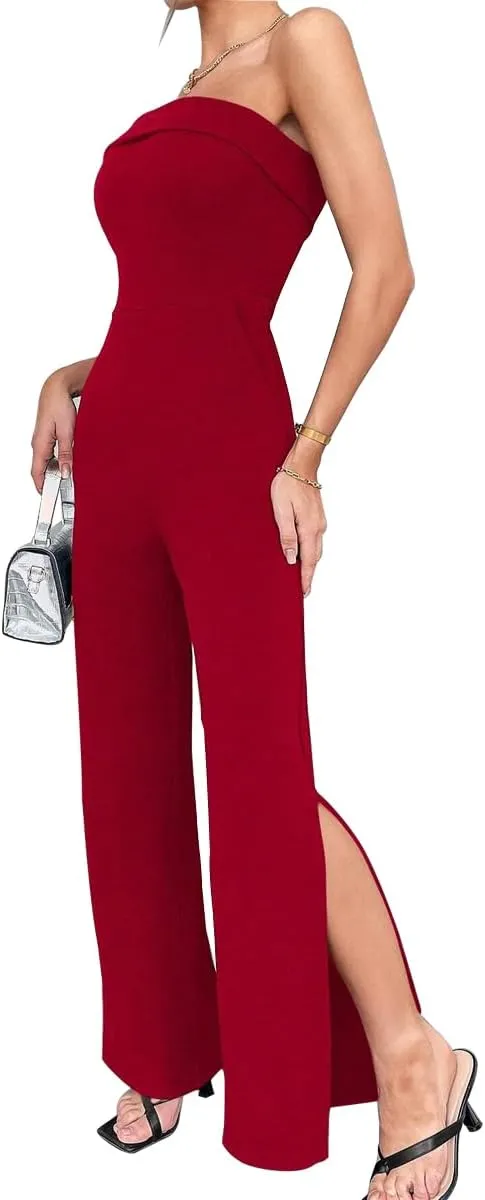 LuFeng Women's 2024 Summer Sleeveless Off Shoulder One Piece Jumpsuit Backless Wide Leg Slit Long Rompers with Pockets