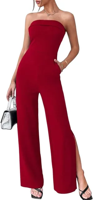 LuFeng Women's 2024 Summer Sleeveless Off Shoulder One Piece Jumpsuit Backless Wide Leg Slit Long Rompers with Pockets