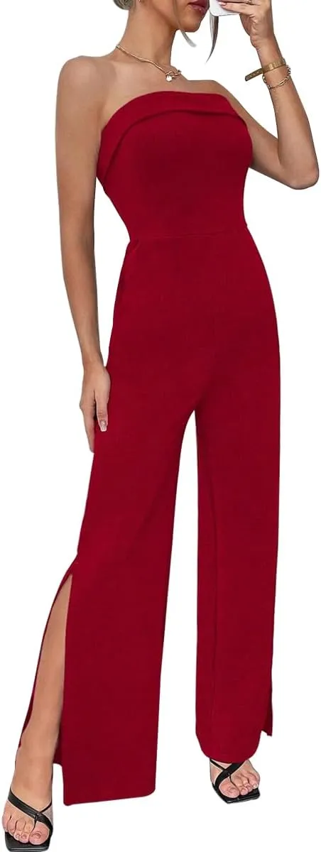 LuFeng Women's 2024 Summer Sleeveless Off Shoulder One Piece Jumpsuit Backless Wide Leg Slit Long Rompers with Pockets