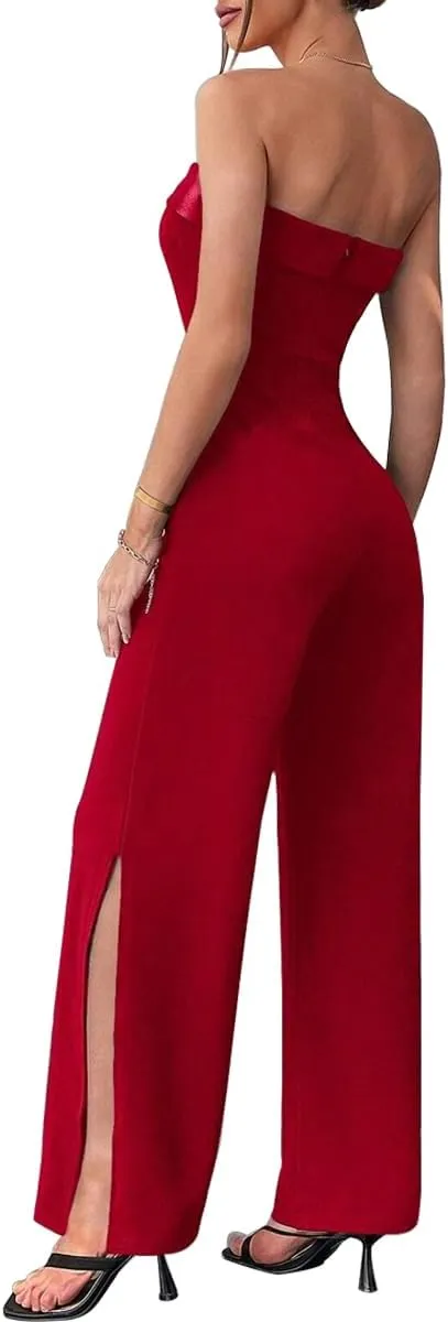 LuFeng Women's 2024 Summer Sleeveless Off Shoulder One Piece Jumpsuit Backless Wide Leg Slit Long Rompers with Pockets