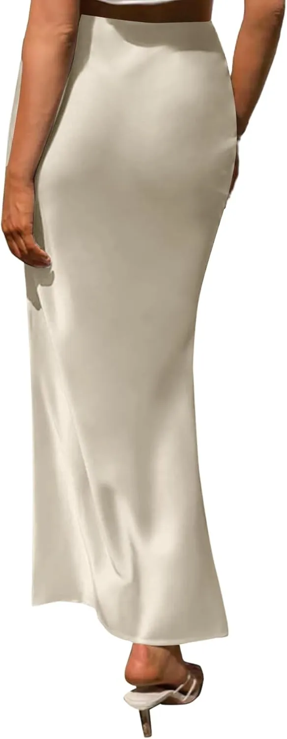 LYANER Women's Satin Silk High Waist Pleated Flared Bodycon Maxi Skirt