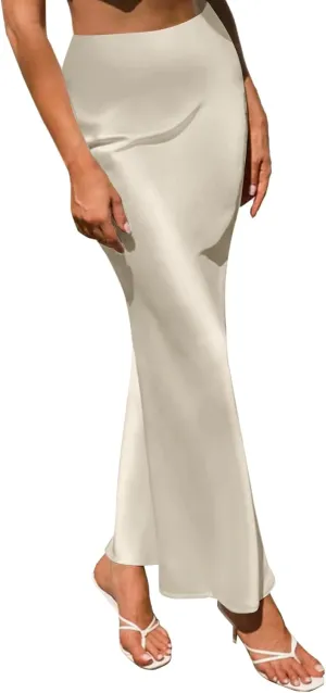 LYANER Women's Satin Silk High Waist Pleated Flared Bodycon Maxi Skirt