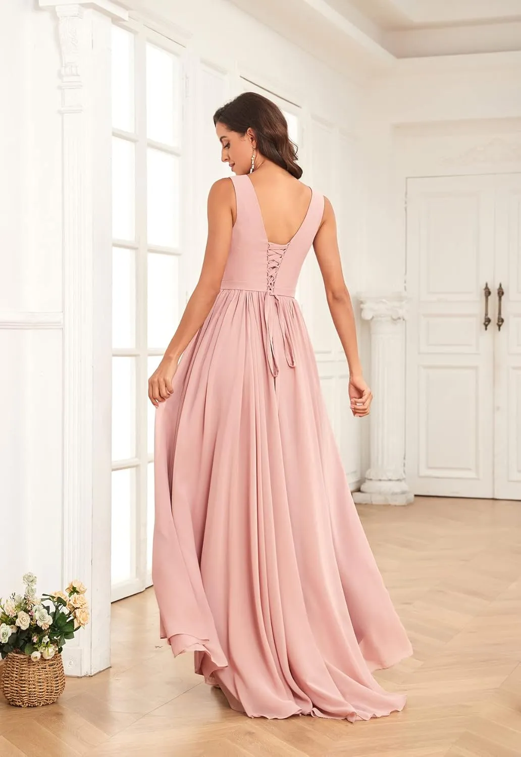 MAGGCIF V Neck Bridesmaid Dresses Long for Women with Pockets A Line Chiffon Formal Evening Gowns