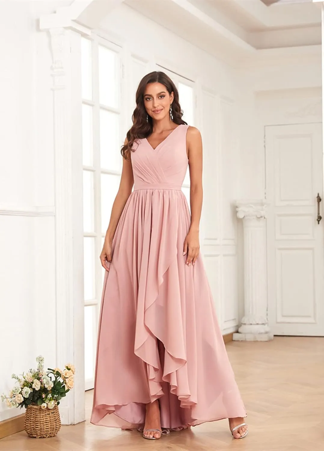 MAGGCIF V Neck Bridesmaid Dresses Long for Women with Pockets A Line Chiffon Formal Evening Gowns