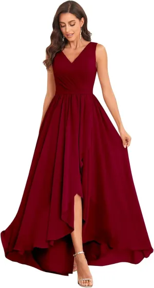 MAGGCIF V Neck Bridesmaid Dresses Long for Women with Pockets A Line Chiffon Formal Evening Gowns