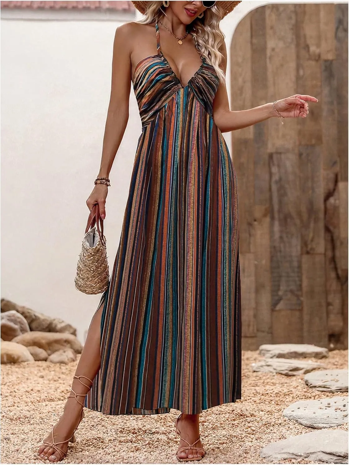 MakeMeChic Women's Boho Striped Print Halter Neck Tie Back Maxi Dress Split Thigh High Waist Summer Cami Dress