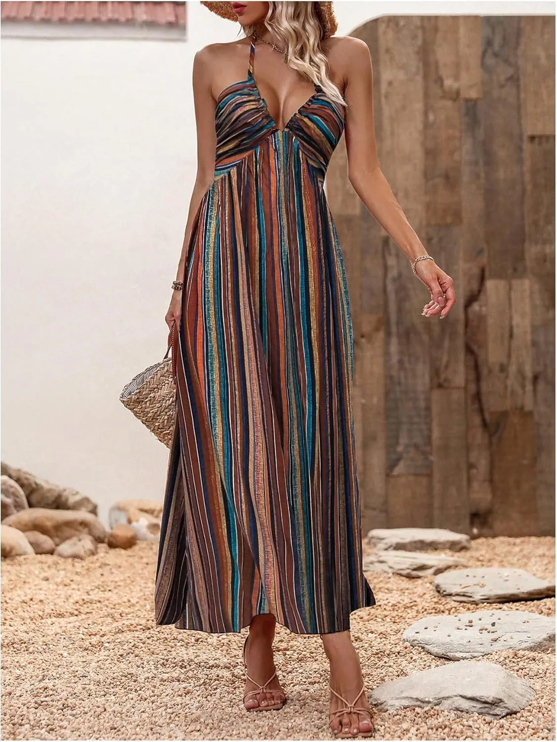 MakeMeChic Women's Boho Striped Print Halter Neck Tie Back Maxi Dress Split Thigh High Waist Summer Cami Dress