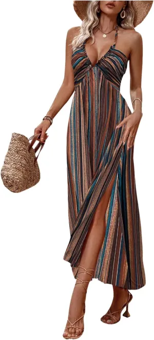 MakeMeChic Women's Boho Striped Print Halter Neck Tie Back Maxi Dress Split Thigh High Waist Summer Cami Dress