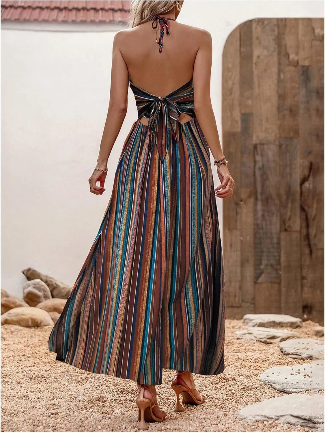 MakeMeChic Women's Boho Striped Print Halter Neck Tie Back Maxi Dress Split Thigh High Waist Summer Cami Dress
