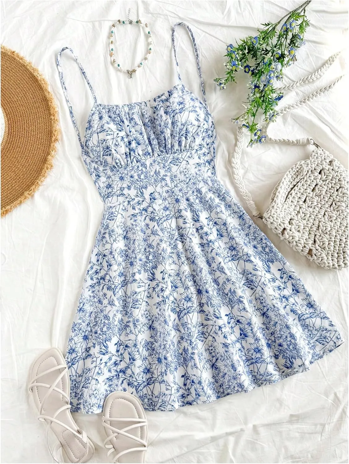 MakeMeChic Women's Ditsy Floral A Line Cami Dress Spaghetti Strap Summer Mini Dresses