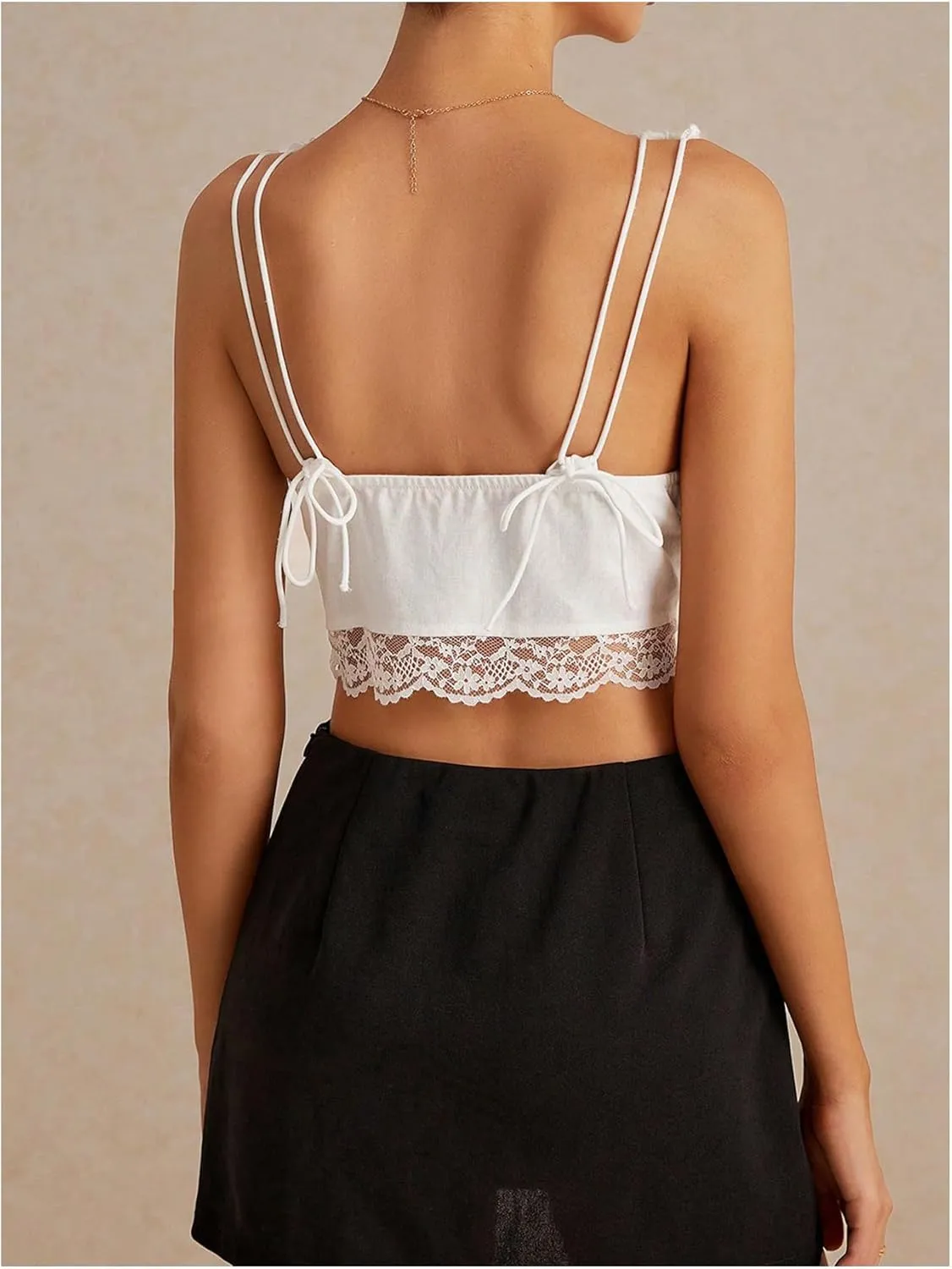 MakeMeChic Women's Floral Lace Camisole Tops Sleeveless Tie Front Wide Strap Crop Tank Top