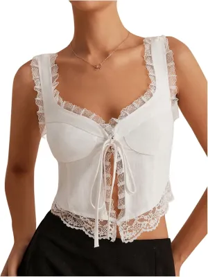MakeMeChic Women's Floral Lace Camisole Tops Sleeveless Tie Front Wide Strap Crop Tank Top