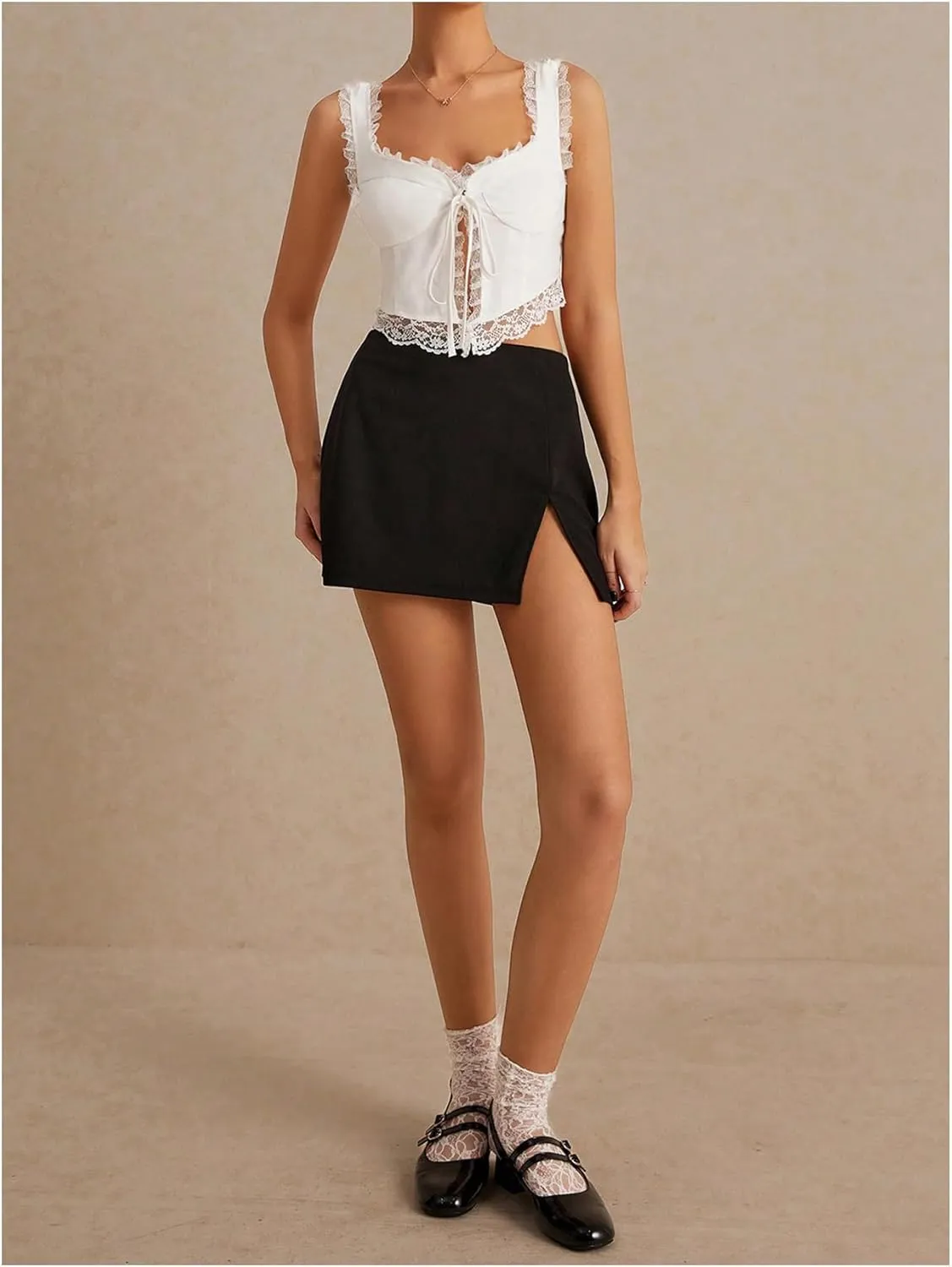 MakeMeChic Women's Floral Lace Camisole Tops Sleeveless Tie Front Wide Strap Crop Tank Top