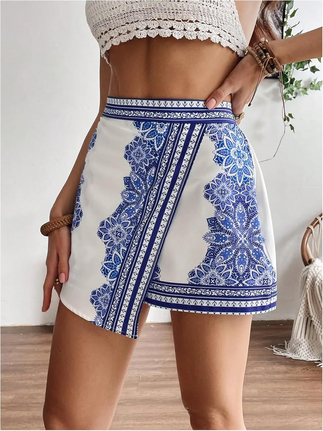 MakeMeChic Women's Floral Print Wrap Shorts Elastic Waist Asymmetrical Hem Summer Skorts