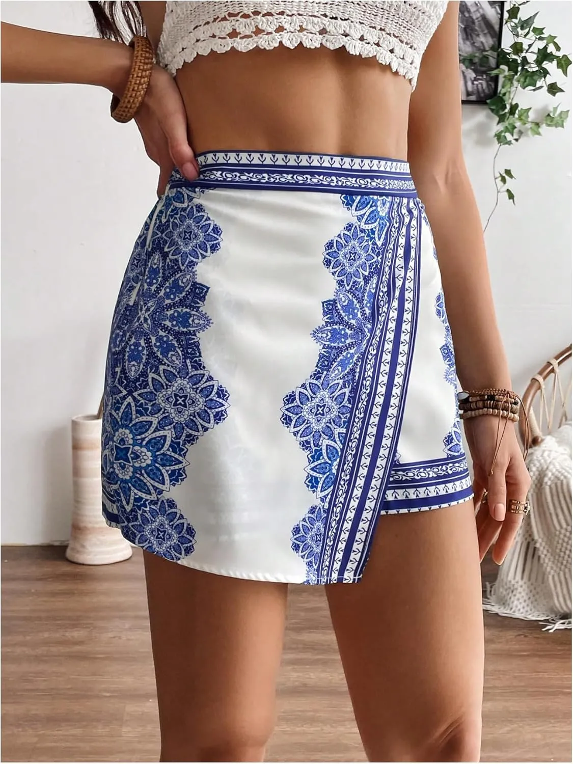 MakeMeChic Women's Floral Print Wrap Shorts Elastic Waist Asymmetrical Hem Summer Skorts