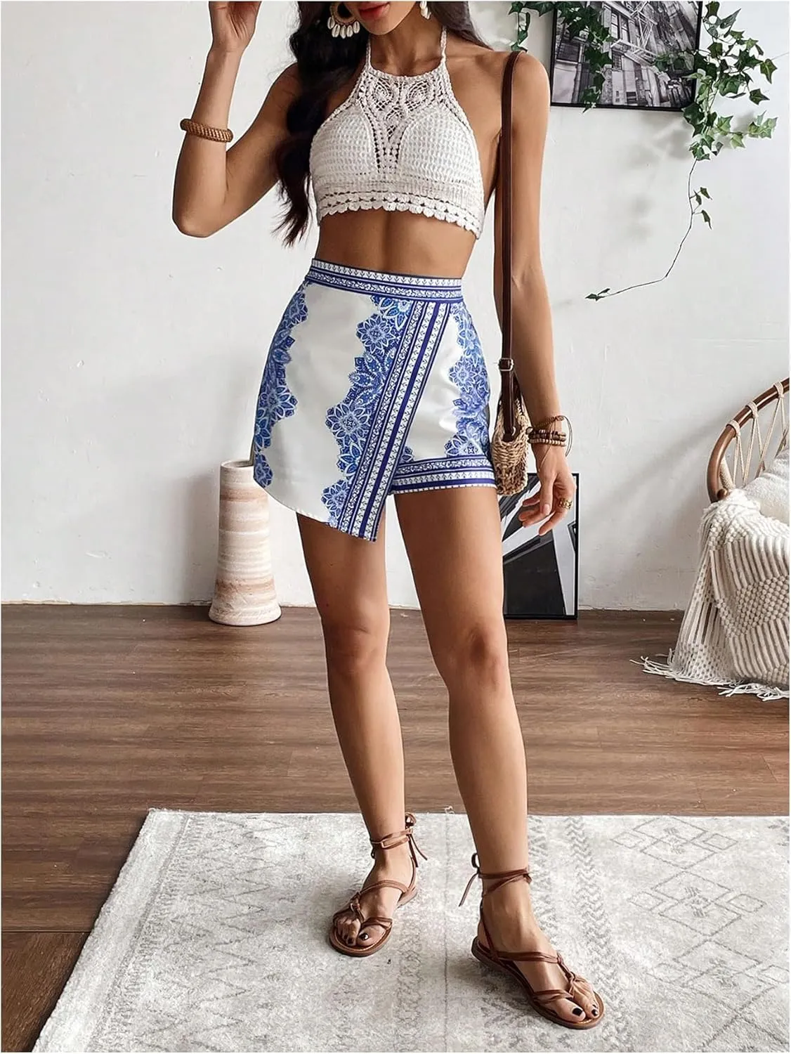 MakeMeChic Women's Floral Print Wrap Shorts Elastic Waist Asymmetrical Hem Summer Skorts