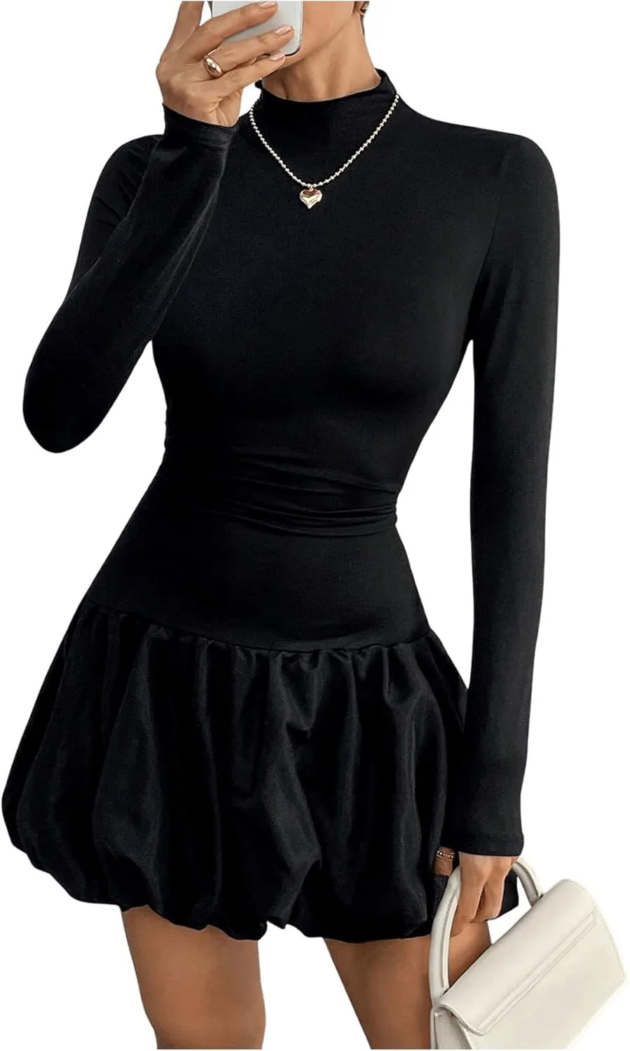 MakeMeChic Women's Mock Neck Long Sleeve Lettuce Trim Ruffle Slim Fit A Line Mini Dress
