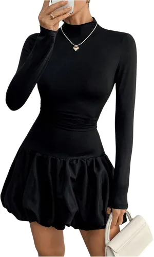 MakeMeChic Women's Mock Neck Long Sleeve Lettuce Trim Ruffle Slim Fit A Line Mini Dress