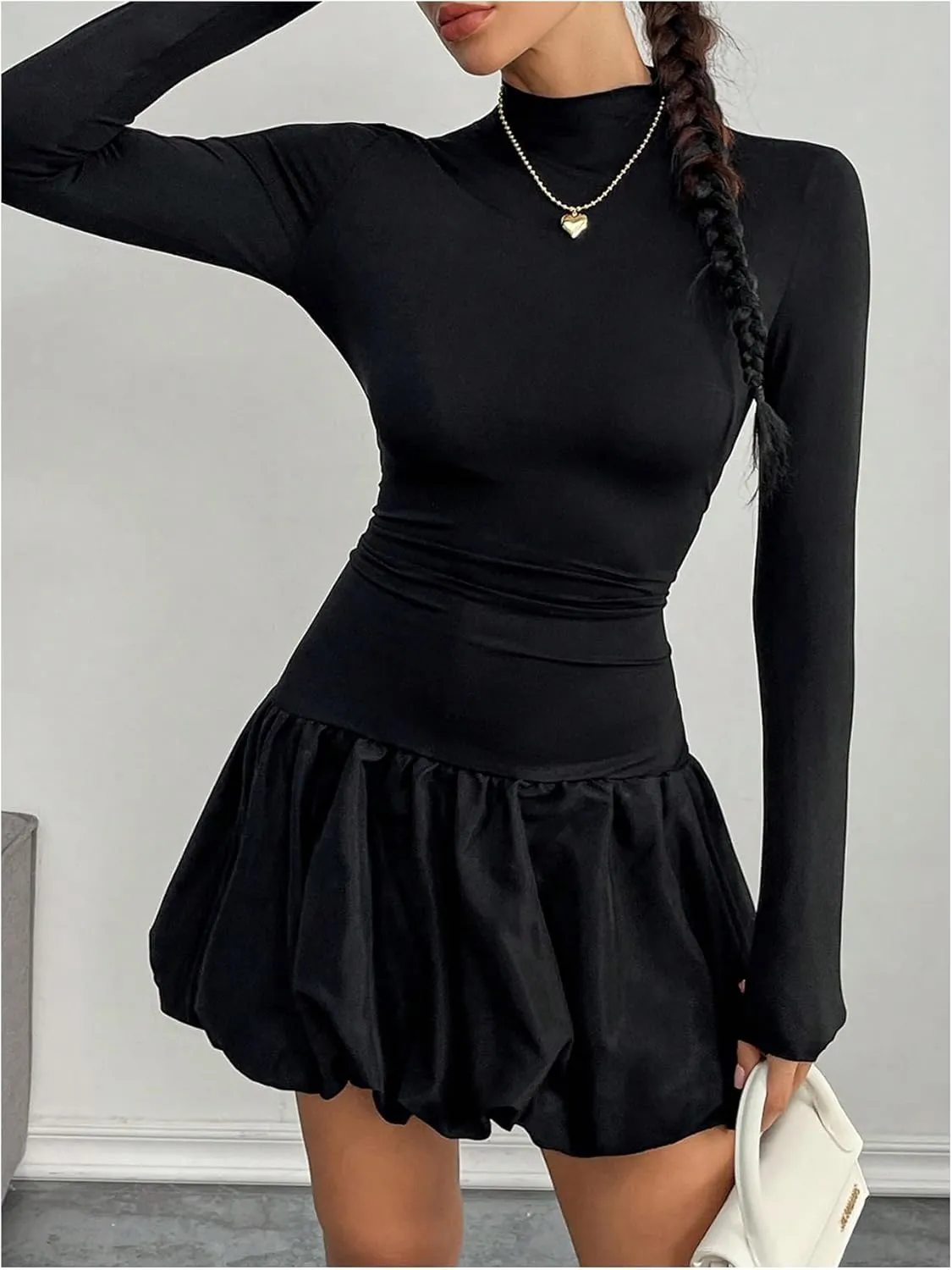 MakeMeChic Women's Mock Neck Long Sleeve Lettuce Trim Ruffle Slim Fit A Line Mini Dress