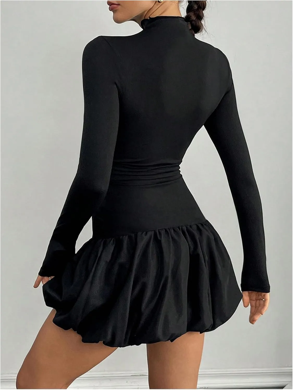 MakeMeChic Women's Mock Neck Long Sleeve Lettuce Trim Ruffle Slim Fit A Line Mini Dress