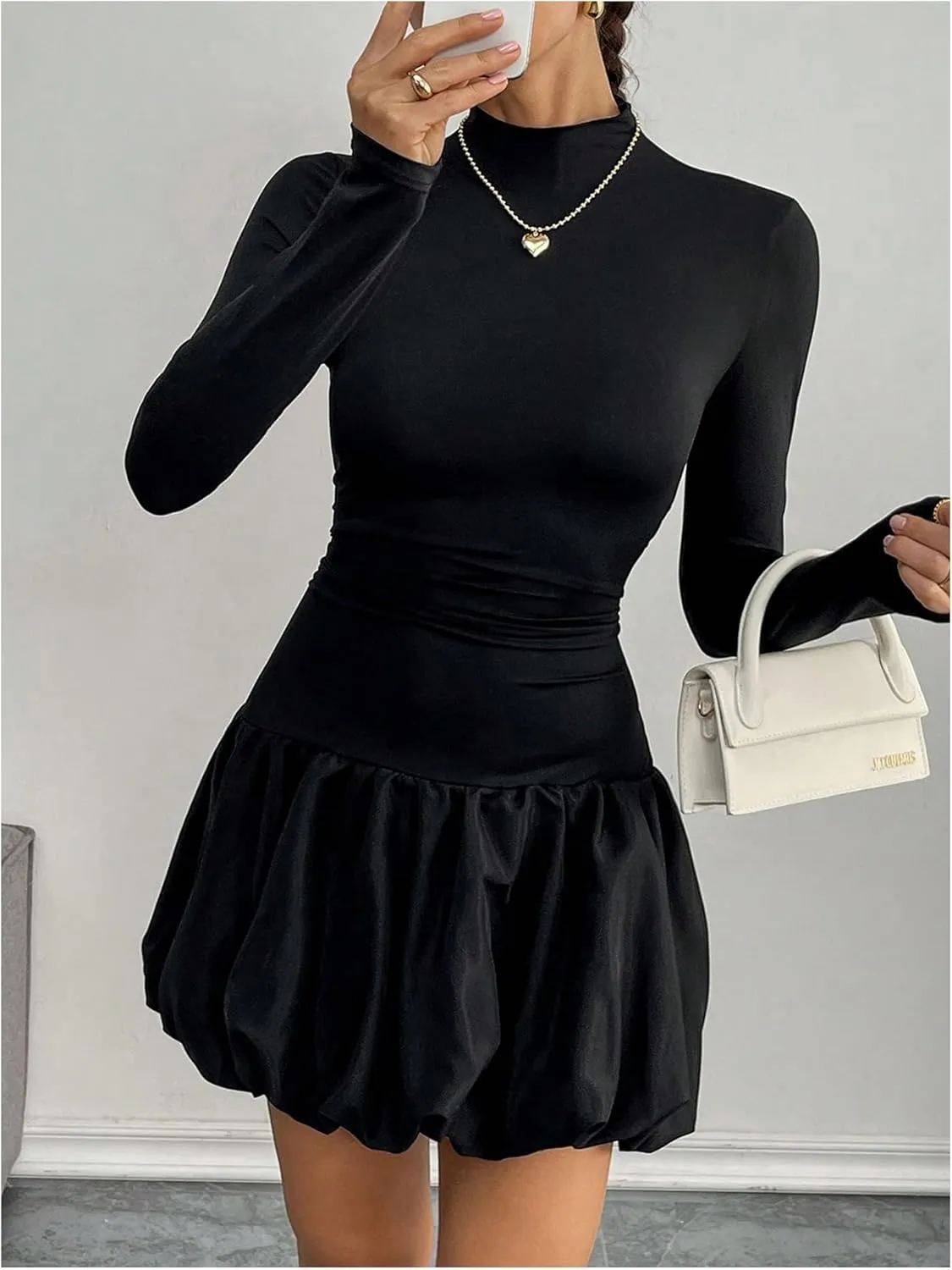 MakeMeChic Women's Mock Neck Long Sleeve Lettuce Trim Ruffle Slim Fit A Line Mini Dress