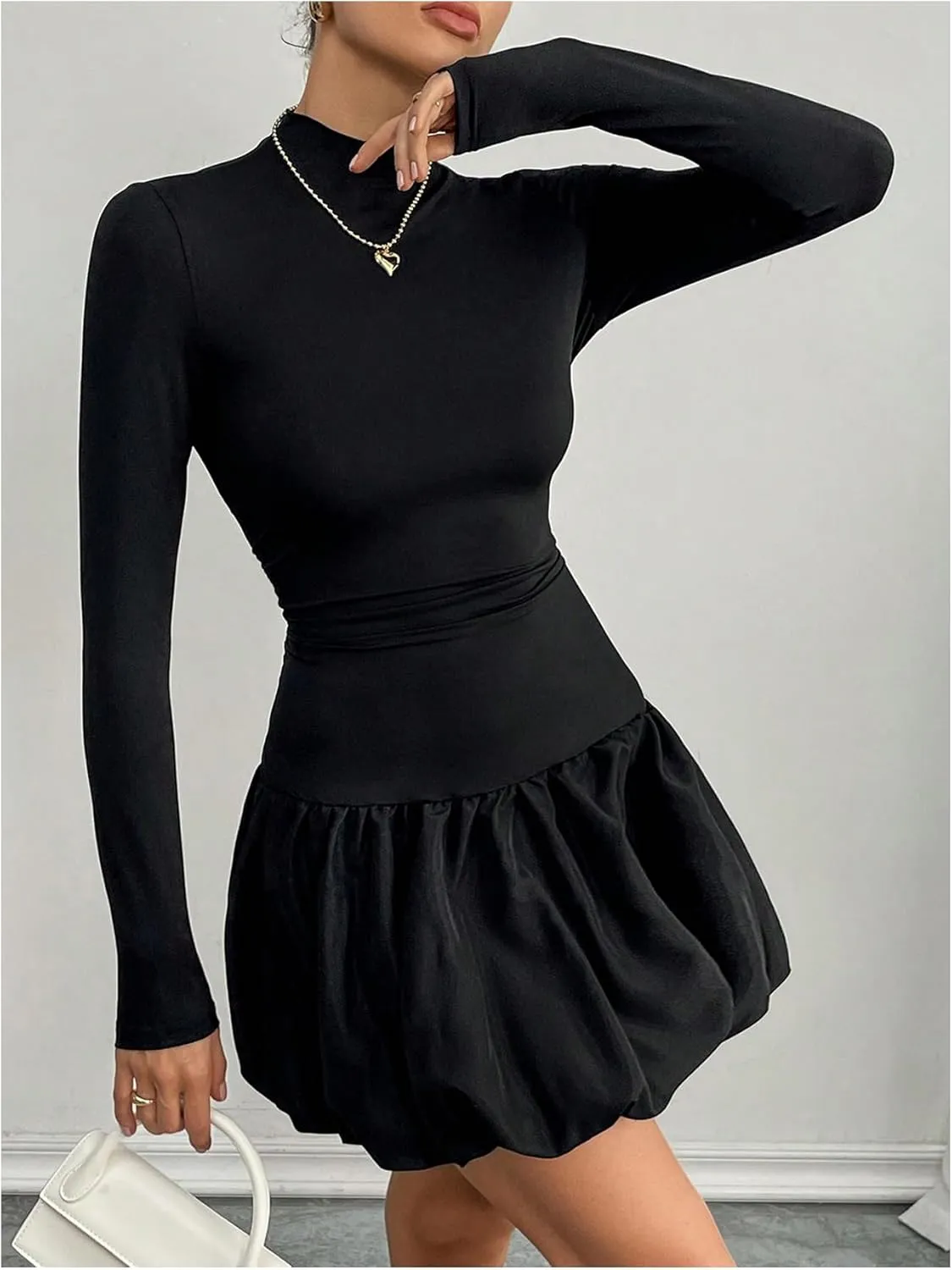 MakeMeChic Women's Mock Neck Long Sleeve Lettuce Trim Ruffle Slim Fit A Line Mini Dress