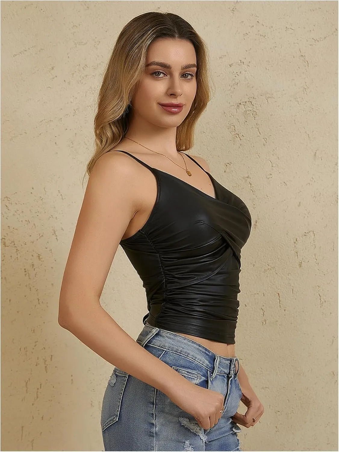 MakeMeChic Women's PU Faux Leather Tops Ruched V Neck Tank Top Wrap Camisole Slim Fit Casual Shirt Cami Tops