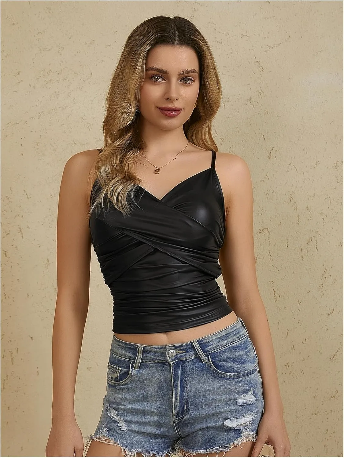 MakeMeChic Women's PU Faux Leather Tops Ruched V Neck Tank Top Wrap Camisole Slim Fit Casual Shirt Cami Tops
