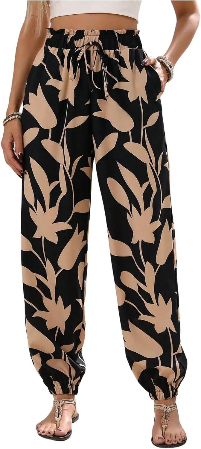 MakeMeChic Women's Summer Beach Tropical Printed Pants Hawaiian Palazzo Jogger Pant High Waist Trousers