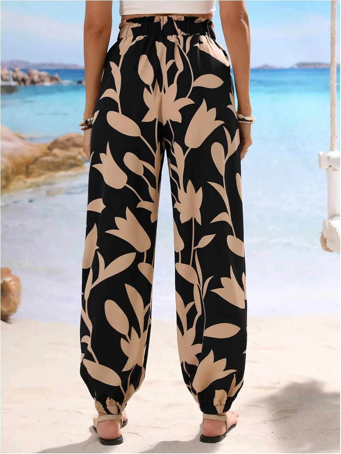 MakeMeChic Women's Summer Beach Tropical Printed Pants Hawaiian Palazzo Jogger Pant High Waist Trousers