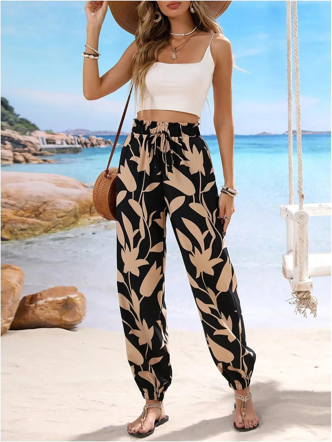 MakeMeChic Women's Summer Beach Tropical Printed Pants Hawaiian Palazzo Jogger Pant High Waist Trousers