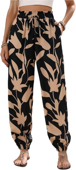 MakeMeChic Women's Summer Beach Tropical Printed Pants Hawaiian Palazzo Jogger Pant High Waist Trousers
