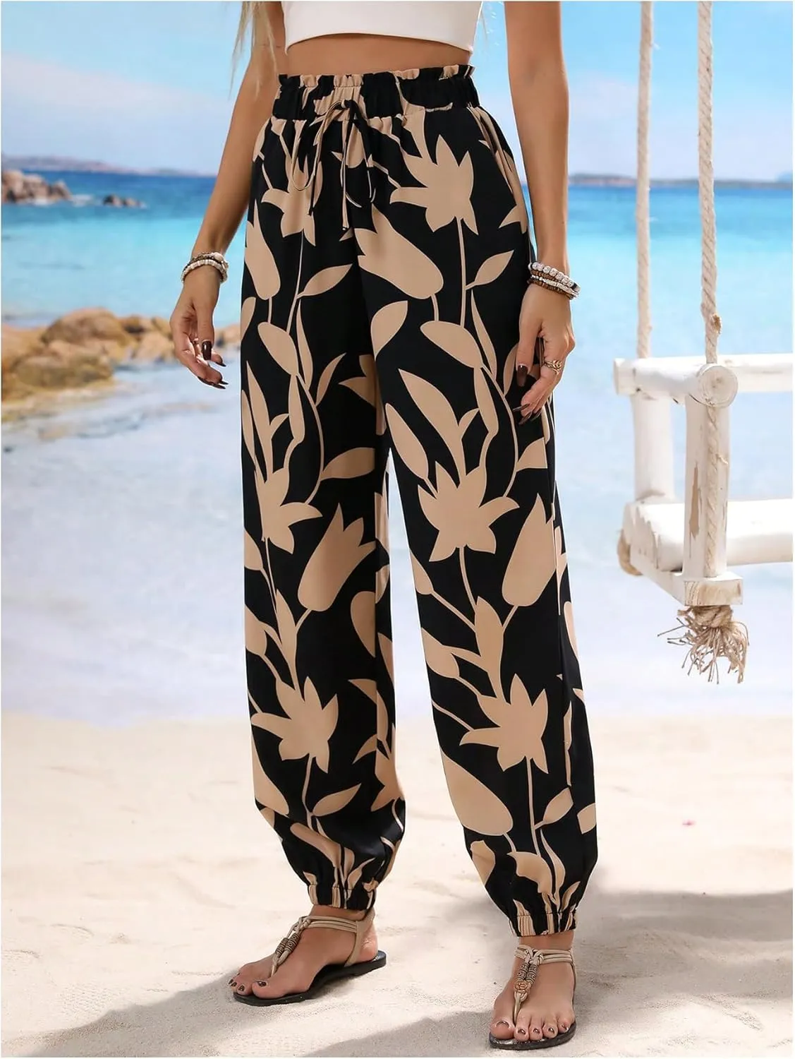 MakeMeChic Women's Summer Beach Tropical Printed Pants Hawaiian Palazzo Jogger Pant High Waist Trousers