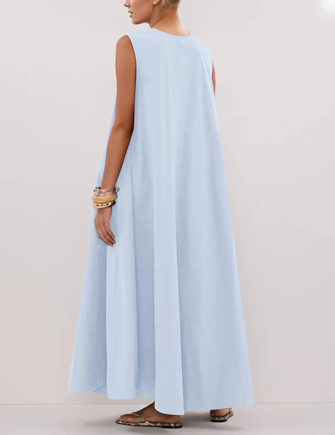 Maxi Dress for Women Sleeveless Long Summer Sundresses Flowy Vacation Beach Cotton Dress with Pockets
