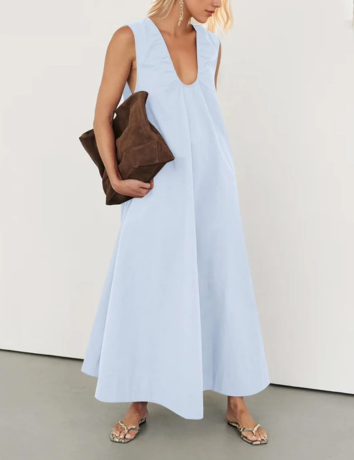 Maxi Dress for Women Sleeveless Long Summer Sundresses Flowy Vacation Beach Cotton Dress with Pockets