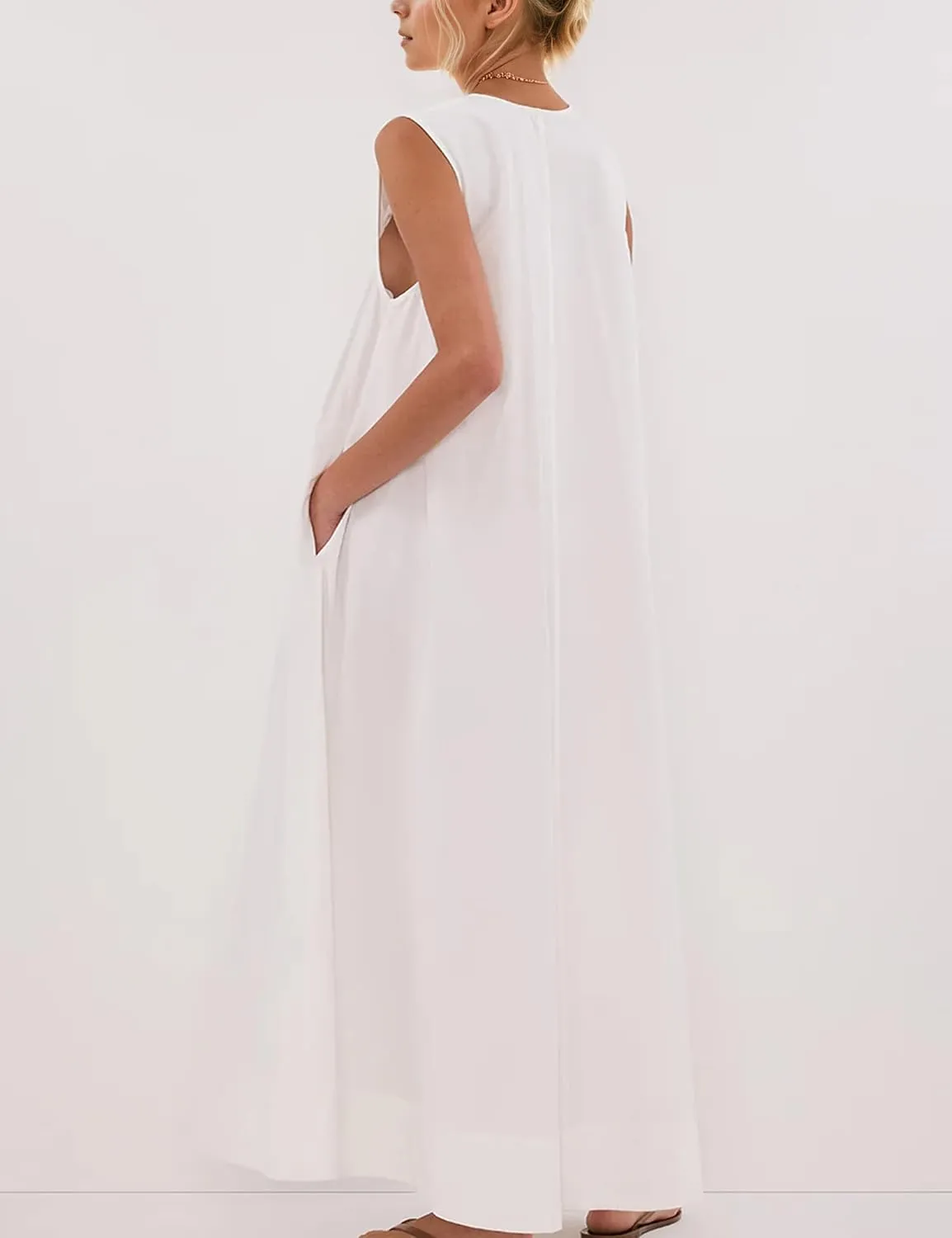 Maxi Dress for Women Sleeveless Long Summer Sundresses Flowy Vacation Beach Cotton Dress with Pockets
