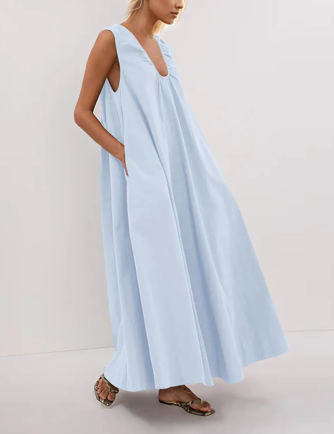 Maxi Dress for Women Sleeveless Long Summer Sundresses Flowy Vacation Beach Cotton Dress with Pockets