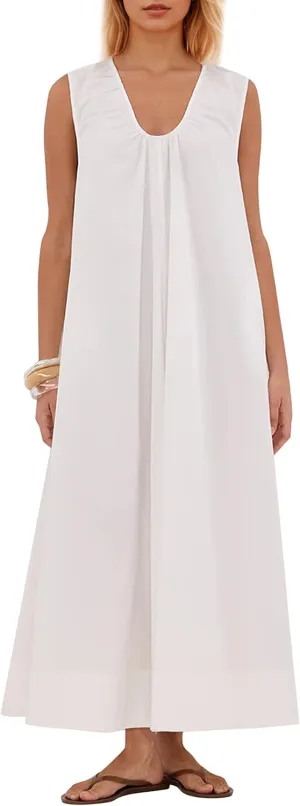 Maxi Dress for Women Sleeveless Long Summer Sundresses Flowy Vacation Beach Cotton Dress with Pockets