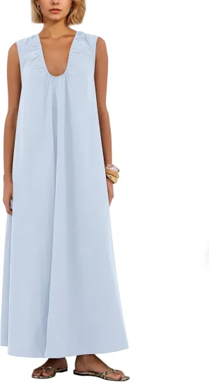 Maxi Dress for Women Sleeveless Long Summer Sundresses Flowy Vacation Beach Cotton Dress with Pockets