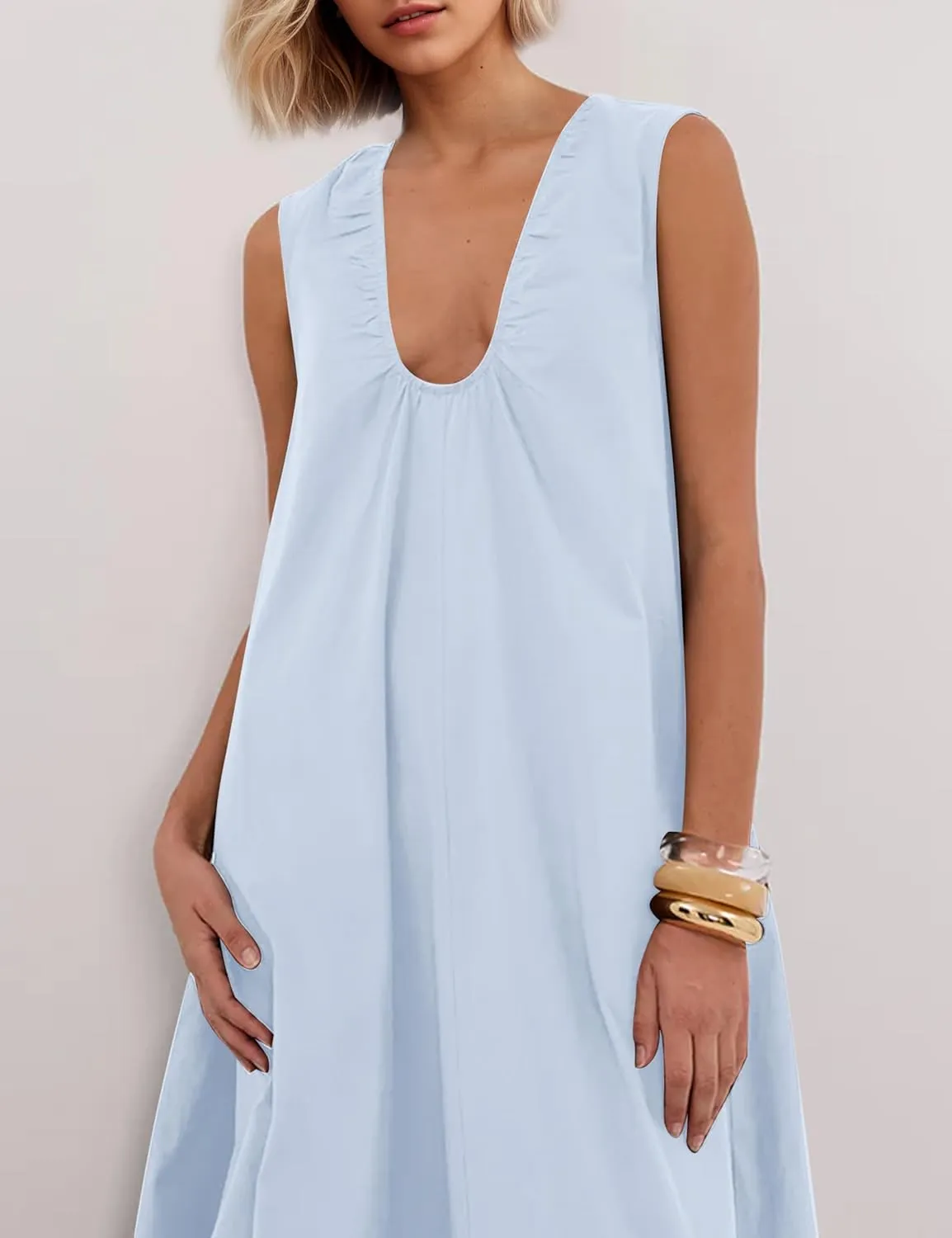 Maxi Dress for Women Sleeveless Long Summer Sundresses Flowy Vacation Beach Cotton Dress with Pockets