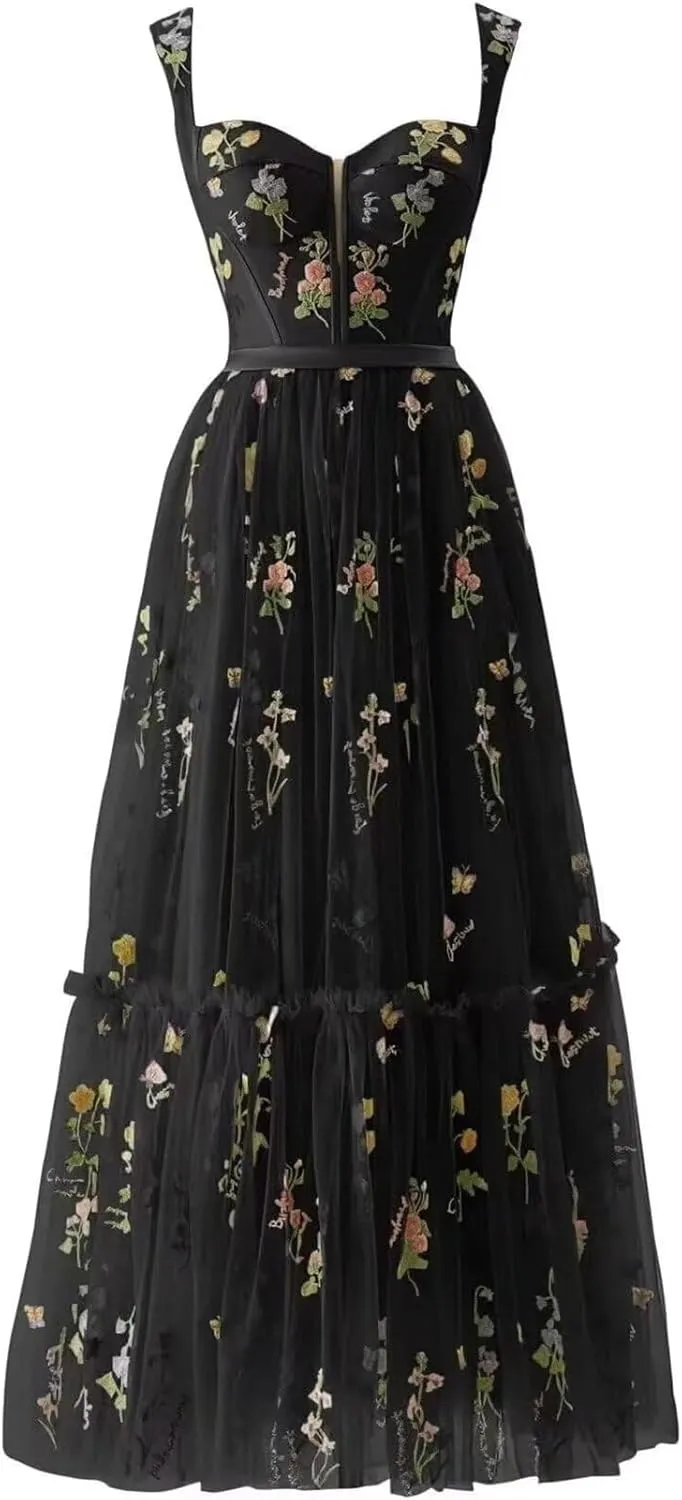 Maxianever Flower Embroidery Prom Dresses for Women Tulle Tea Length Corset A Line Formal Evening Party Gowns