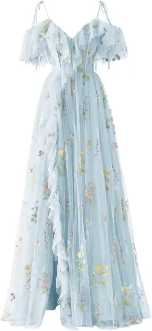 Maxianever Tulle Prom Dresses Flower Embroidery Ruffle V Neck Women's Formal Evening Party Gowns 2024