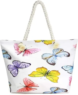 Me Plus Women Summer Large Beach Tote Bag Top Zipper Closure Braided Rope Handles Inner Pocket