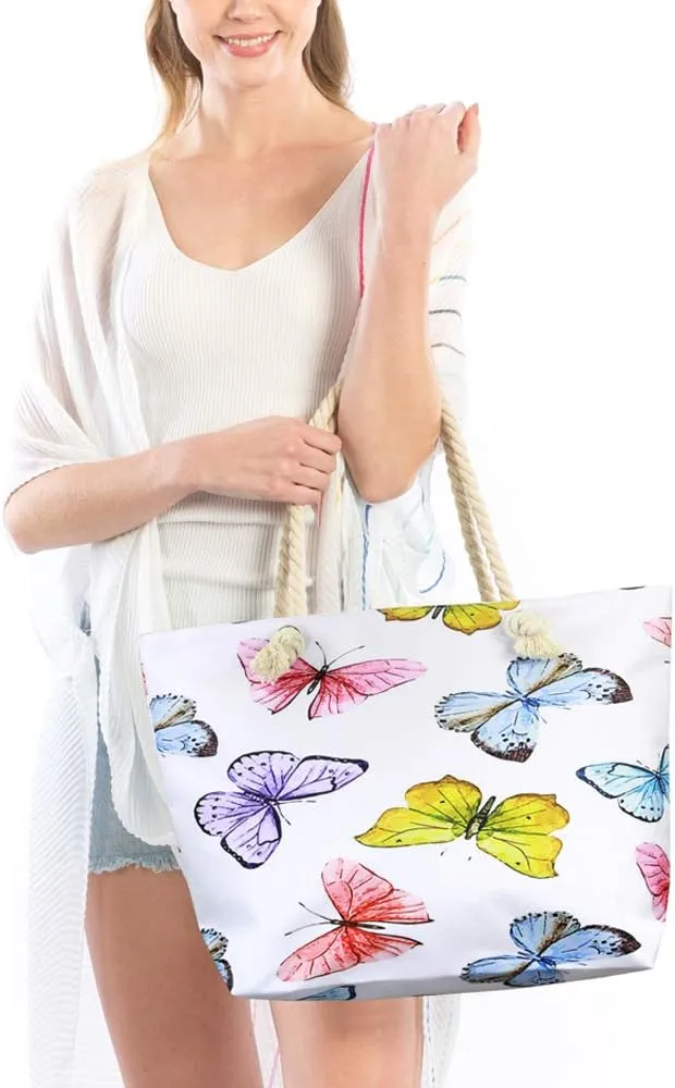 Me Plus Women Summer Large Beach Tote Bag Top Zipper Closure Braided Rope Handles Inner Pocket