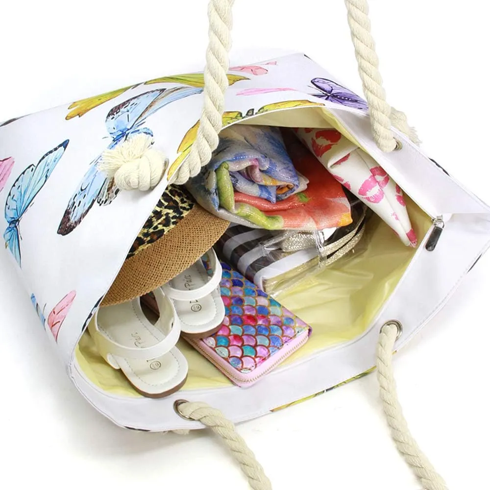 Me Plus Women Summer Large Beach Tote Bag Top Zipper Closure Braided Rope Handles Inner Pocket