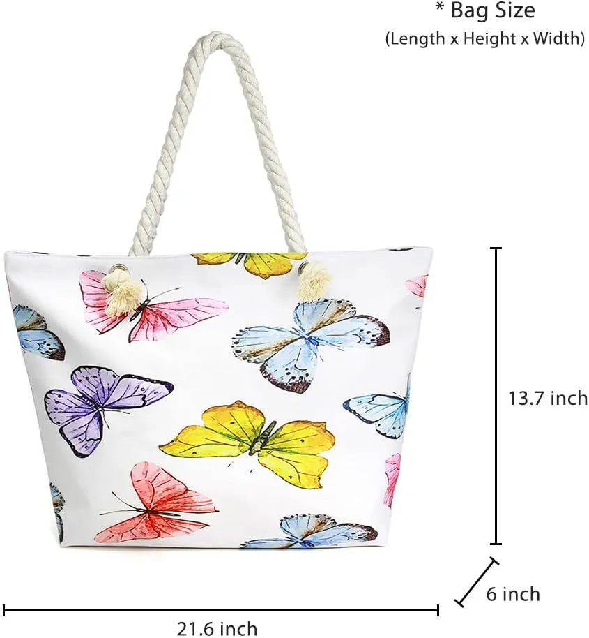 Me Plus Women Summer Large Beach Tote Bag Top Zipper Closure Braided Rope Handles Inner Pocket
