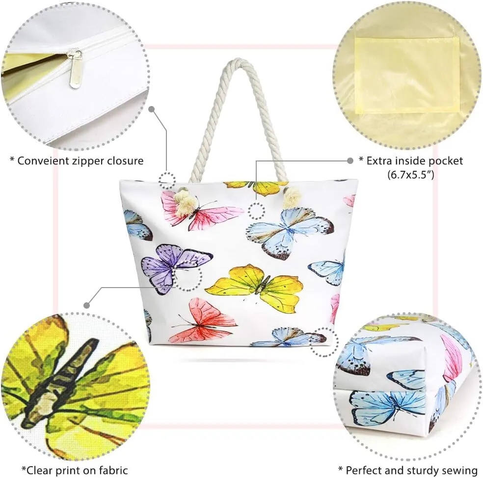 Me Plus Women Summer Large Beach Tote Bag Top Zipper Closure Braided Rope Handles Inner Pocket