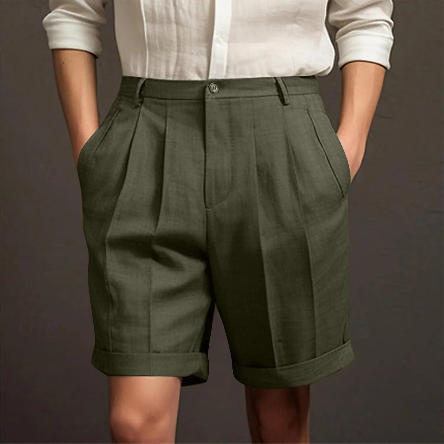 Mens Golf Chino Shorts Summer Beach Relaxted-Fit Pleated Front Button Waist Suit Shorts Solid Work Basic Short Pants