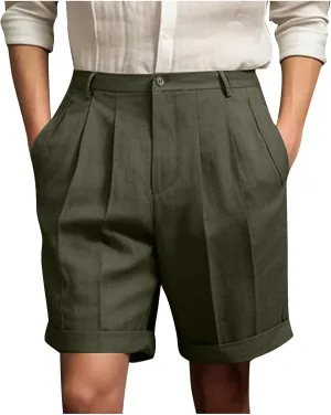 Mens Golf Chino Shorts Summer Beach Relaxted-Fit Pleated Front Button Waist Suit Shorts Solid Work Basic Short Pants
